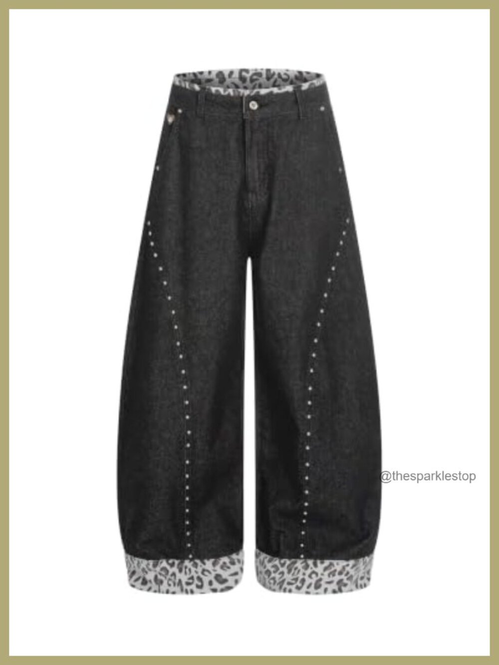 Aelfric Eden Leopard Double Waist Jeans Rivet Y2K Cuffed Denim Pants Wide Leg